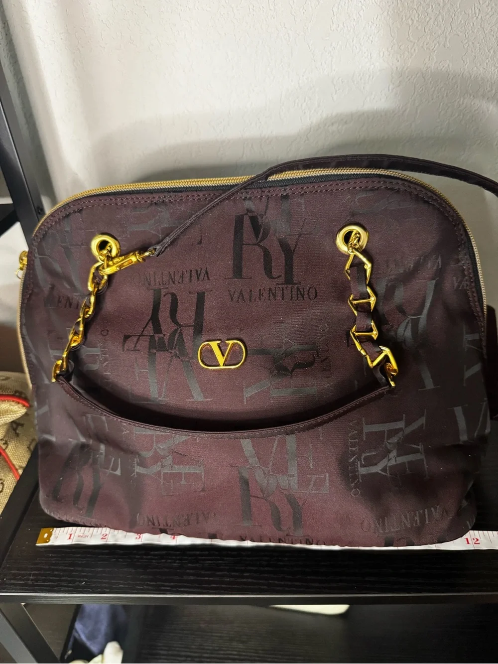 Valentino Garavani Burgundy Logo Dome Shoulder Bag with Gold Hardware